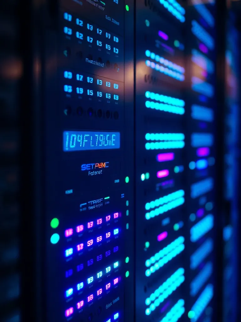 A close-up of a high-tech server rack with glowing blue and